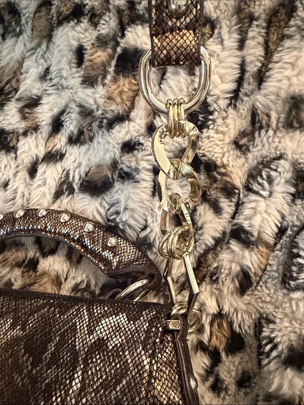 Christian Audigier Metallic Snake-Print Fringe Crossbody Bag in Brown and Gold